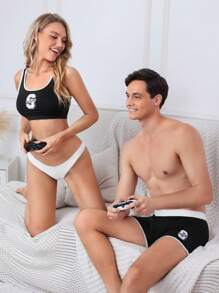SHEIN Sujetador de cuatro estaciones para mujer con impresión de letras y ribete de contraste