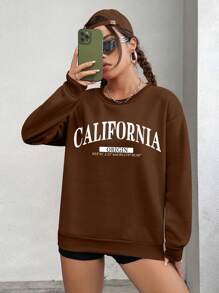 SHEIN EZwear 字母印花下垂肩衛衣 - 咖啡棕 - 查看 1