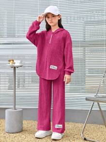 SHEIN 女大童字母貼布落肩袖連帽衫和褲子 - 玫紅色 - 查看 1