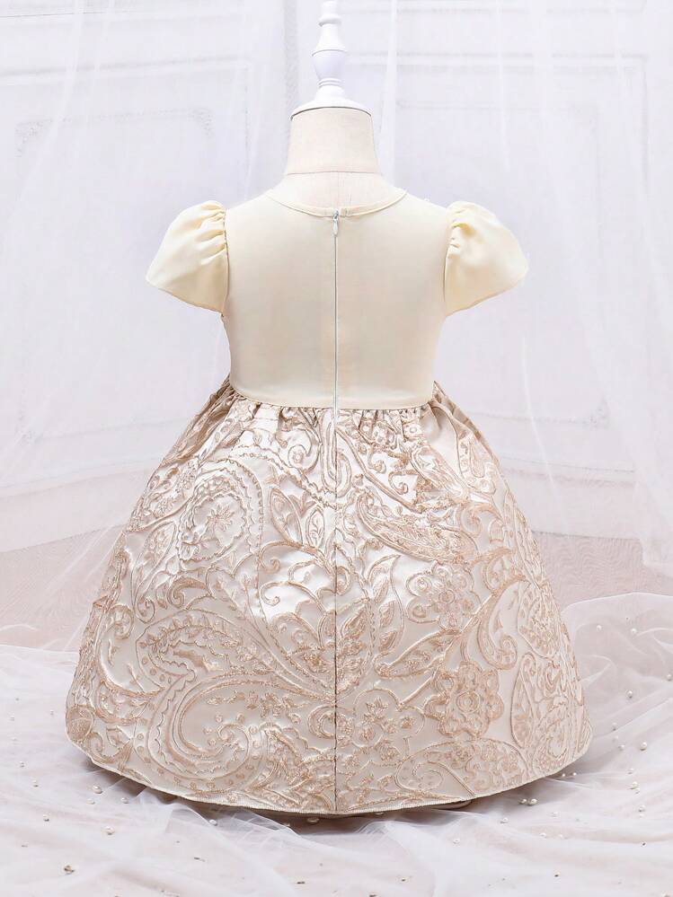 SHEIN Toddler Girls' Party Princess Dress With Bowknot, Pearl Beads And Stud Details - Apricot - View 2