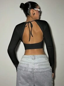 SHEIN ICON Y2k  Fitted T Shirt Fall Women Outfits Women's Solid Color Fashionable Sexy Deep V Metallic Trim Backless Tie Cuff Skinny T-Shirt