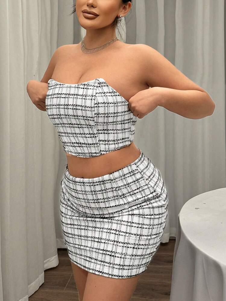 Women'S Plaid Strapless Top And Skirt Set