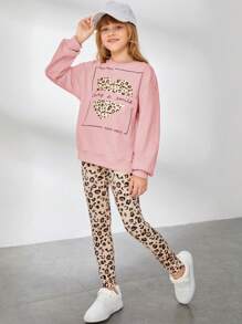 SHEIN Tween 女童豹纹字母印花运动衫和紧身裤休闲两件套 - 淺粉色 - 查看 1