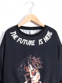 SHEIN Tween Boys' Casual Street Style Cool Character & Slogan Printed Round Neck Loose Fit Sweatshirt - Black - View 3