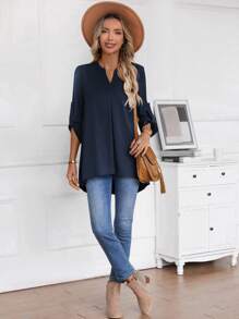 EMERY ROSE Women's Asymmetrical Hem Long Sleeve Shirt - Navy Blue - View 5