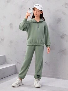 SHEIN 加厚保暖女童保暖内衬休闲两件套，翻领、松紧腰和锥形袖口 - 薄荷綠 - 查看 1