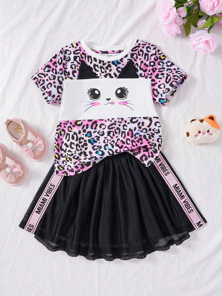Toddler Girls' Color Block Round Neck Leopard & Kitten Print T-Shirt With Mesh Side Tape Flower Skirt 2pcs/Set