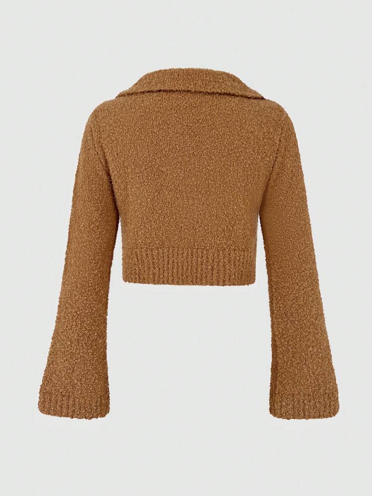 Khaki Color Short Flare Sleeve Knit Pullover Fall Winter Sweater