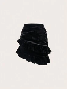 Enchnt Women'S Three-Dimensional Flower Decorated Suede Skirt - Black - View 8