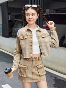 SHEIN Thiếu niên Cô gái Lỏng lẻo Phù hợp Tay áo dài Vòng cổ Áo khoác denim - Màu Khaki - Xem 4