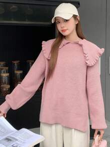 FRIFUL Ruffle Cắt tỉa Cổ áo tây Tay áo dài Áo len - Hồng - Xem 4