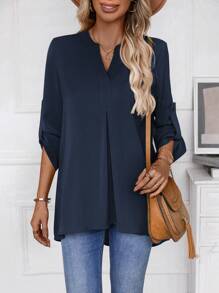 EMERY ROSE Women's Asymmetrical Hem Long Sleeve Shirt - Navy Blue - View 1