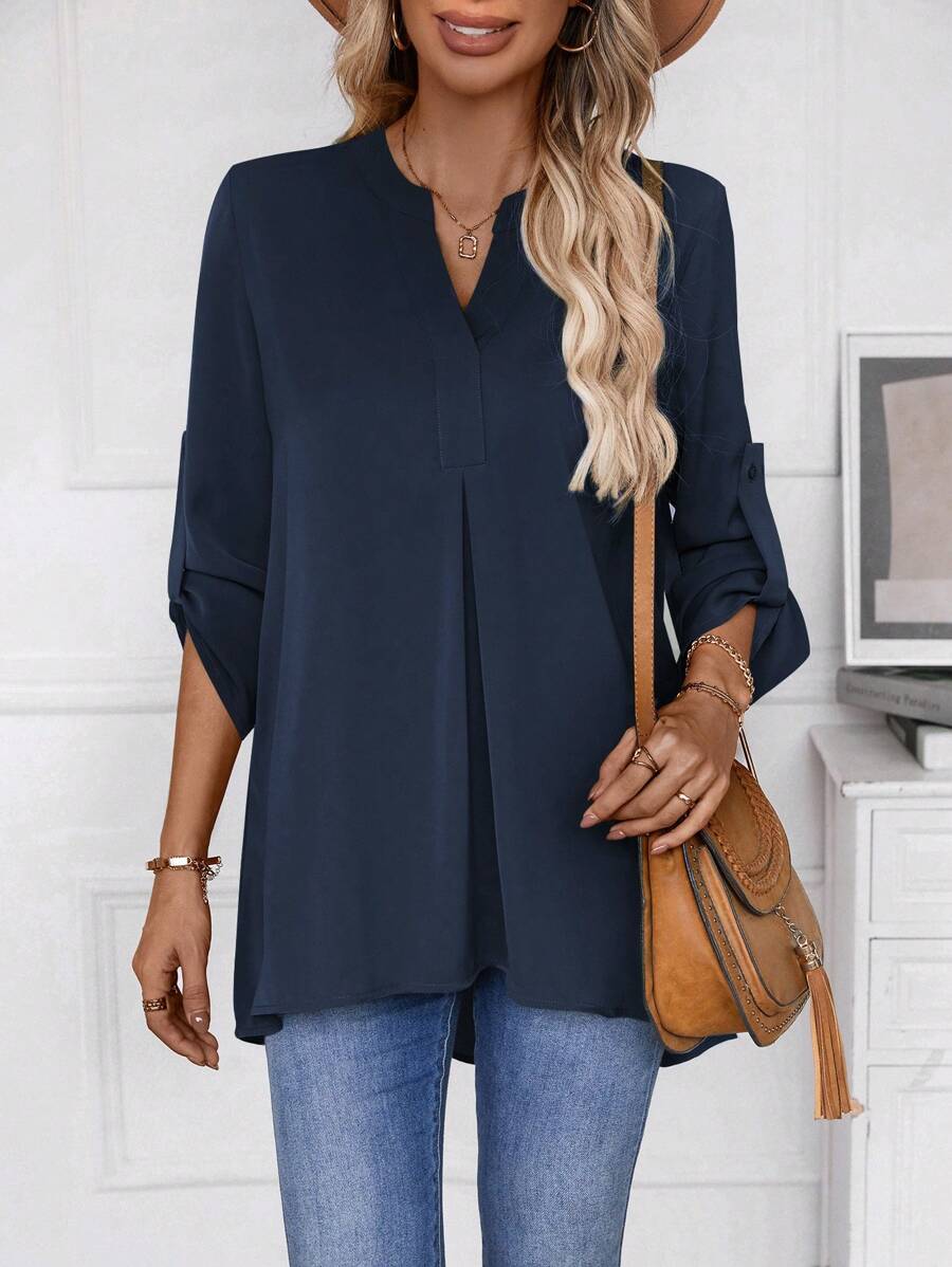 EMERY ROSE Women's Asymmetrical Hem Long Sleeve Shirt - Navy Blue - View 1