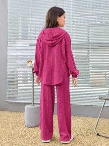 SHEIN 女大童字母貼布落肩袖連帽衫和褲子 - 玫紅色 - 查看 2