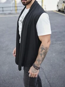 Manfinity Homme Áo khoác vest nam trơn cổ điển hở trước màu trơn, mùa thu - màu đen - Xem 1