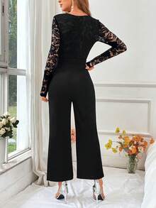 SHEIN Privé Lace Patchwork Long Jumpsuit For Women Valentine's Day Date - Black - View 2