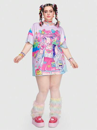 Anime Camiseta de mujer de talla grande con estampado de personajes de dibujos animados coloridos y lindos, para la escuela, para el verano