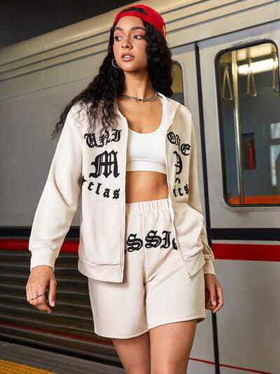 Letter Patterned Kangaroo Pocket Zip Up Hoodie And Shorts Sports Suit