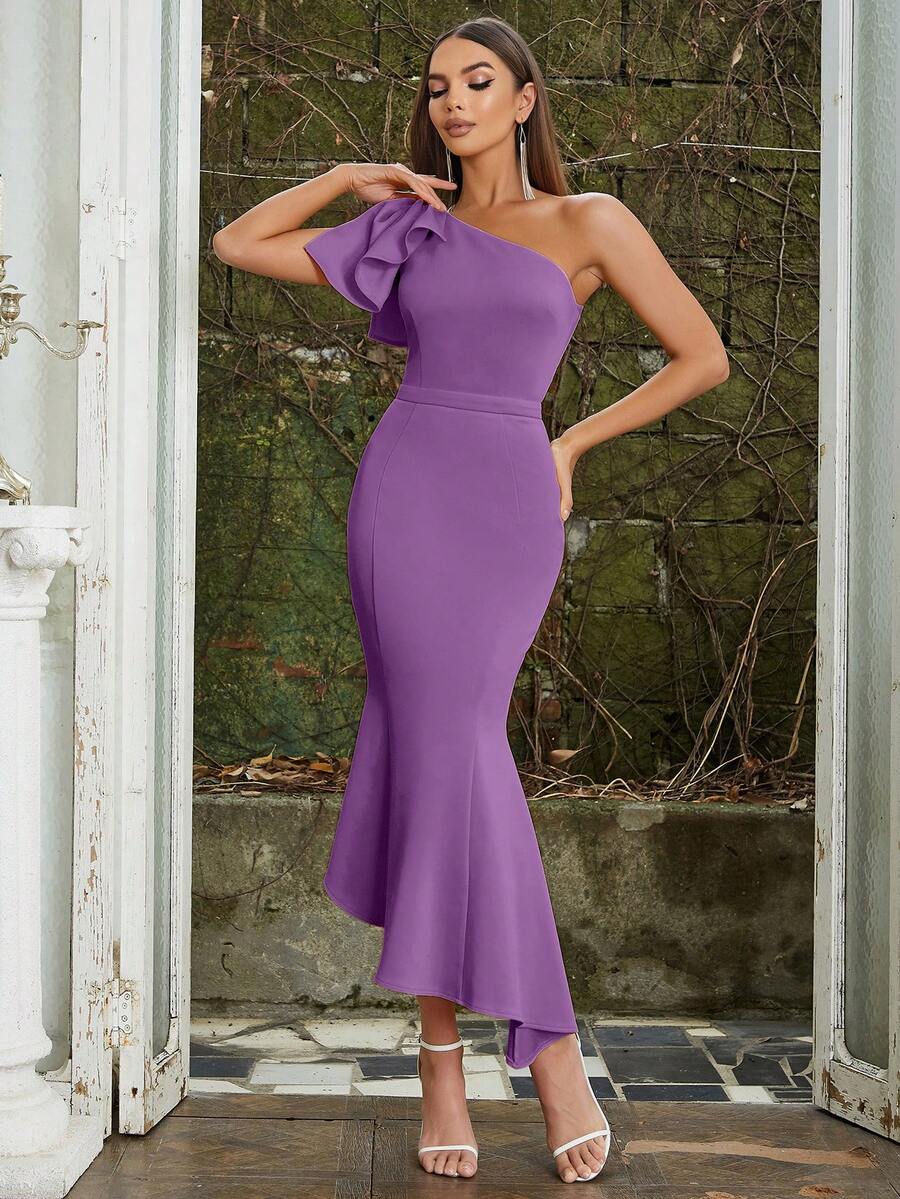 Vestido ajustado elegante de un solo hombro con decoración de moño para el verano - Morado - Ver 1