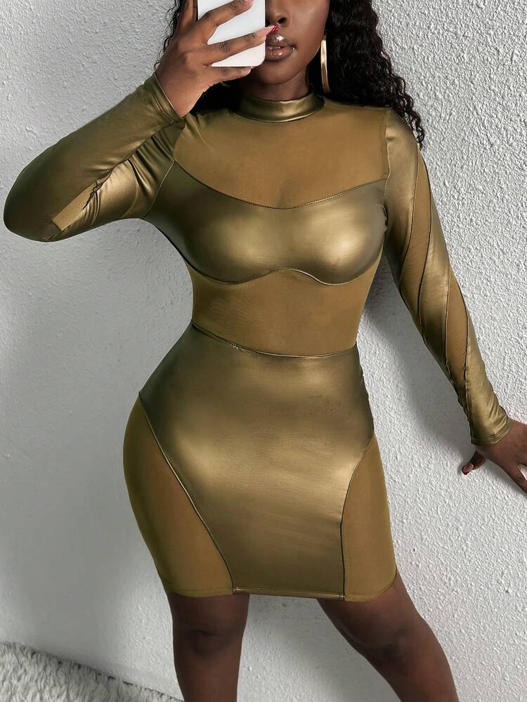 Women'S Stand Collar Mesh Splice Bodycon Dress