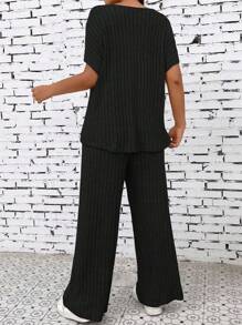 EMERY ROSE Women's Solid Color Ribbed Round Neck T-Shirt And Wide Leg Pants 2pcs Set - Black - View 2