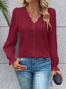 EMERY ROSE Lace Trimmed Long Sleeve Blouse Fall Cloth For Women - Burgundy - View 5