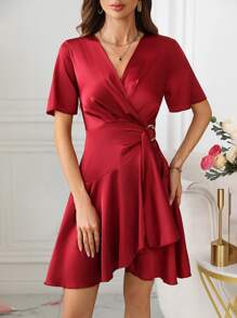 SHEIN Clasi Vestido De Cuello Envolvente Para Mujer Con Decoración Lateral De Anillos Circulares - Rojo - Ver 3