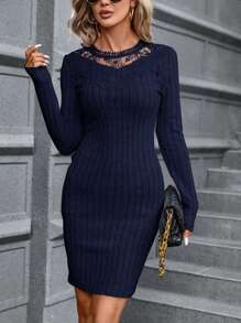 SHEIN Clasi Vestido Corto De Encaje De Punto - Azul Marino - Ver 3