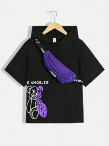 Tween Jungen 3-teiliges Set mit lässigem Kapuzenpullover mit Bärenmuster und lockerem Kurzarm-Oberteil, einfarbiger Hose und Tasche sowie Strickstoff