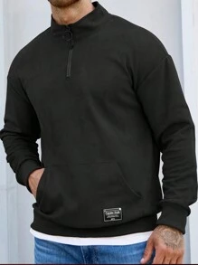 Manfinity Homme 男士加大尺碼半拉鍊運動衫,有字母拼接設計 - 黑色 - 查看 1
