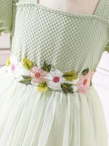 Tween Girl Floral Appliques Puff Sleeve Mesh Hem Dress - Green - View 5
