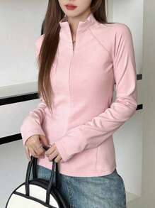 DAZY 女式纯色插肩袖T恤长袖女式上衣 - 粉色 - 查看 1