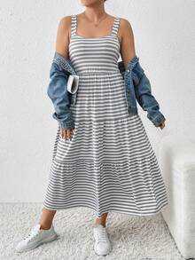 SHEIN Essnce Kích thước lớn Sọc Dây đeo Mì Ý  Đi làm Đầm giản dị - Xám - Xem 4