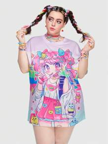 ROMWE Anime Plus Size Colorful & Cute Cartoon Character Printed Women's T-Shirt, School, For Summer - Multicolor - View 2