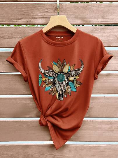 INAWLY Women's Cow Head Printed Short Sleeve T-Shirt Graphic Tees Women Tops