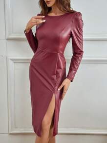 SHEIN Privé 女士純色圓領高開衩緊身連身裙 - 紅色 - 查看 3