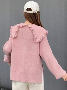 FRIFUL Ruffle Cắt tỉa Cổ áo tây Tay áo dài Áo len - Hồng - Xem 2