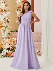 SHEIN Belle Váy dài một vai dành cho nữ Váy dài bằng vải chiffon xếp li xiên trang trí hoa oải hương chảy và thân thiện với làn da Váy phù dâu bằng vải voan thoải mái - Màu tím hoa cà - Xem 5