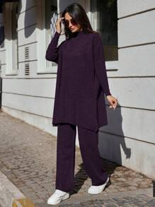 EURMUSE Women's Solid Color Batwing Sleeve Knitted Sweater Set (2 Pieces) - Violet Purple - View 4