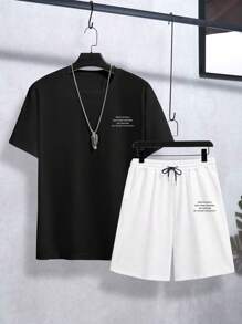 Manfinity Homme 男士字母图案短袖 T 恤和短裤休闲 2 件/套，都市，男友礼物，休闲 - 彩色 - 查看 7