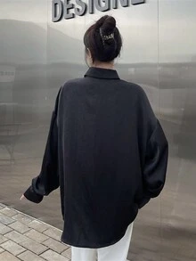 New Chinese Style Stand Collar Long Sleeve Drop Shoulder Shirt With Button Placket - Black - View 2