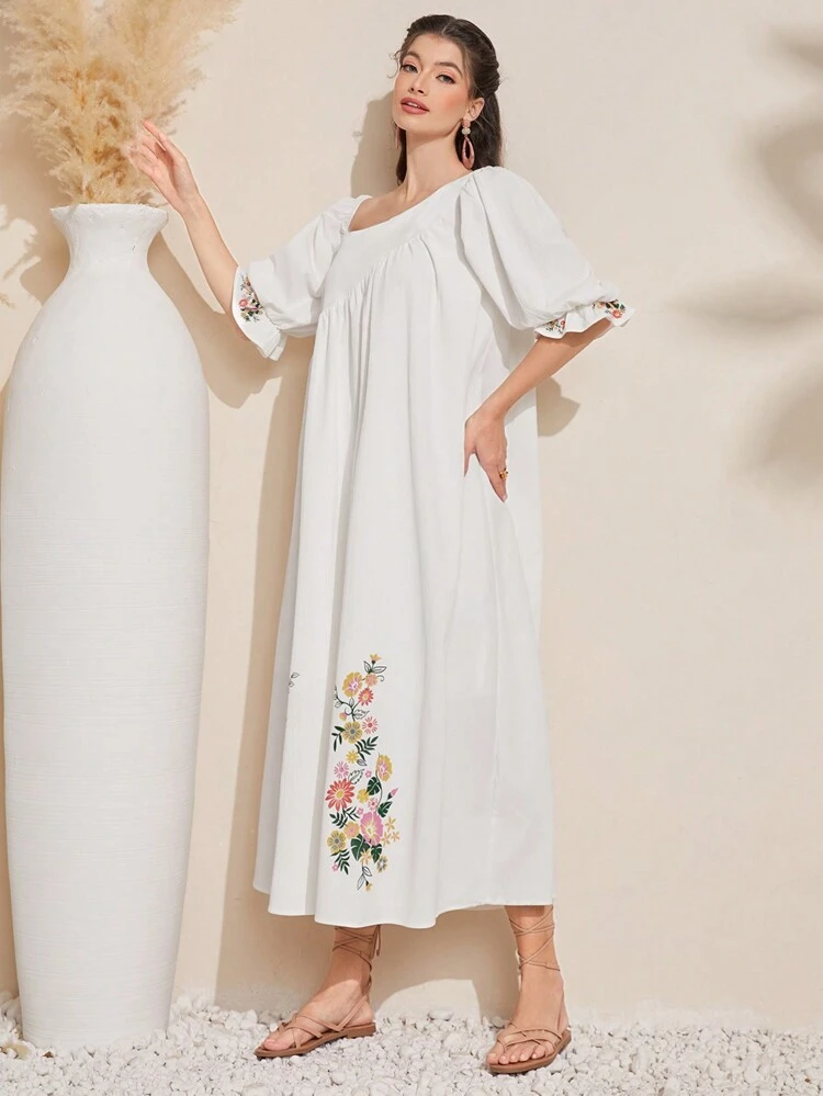 Women'S Floral Pattern Ruffle Sleeve Asymmetrical Neck Dress