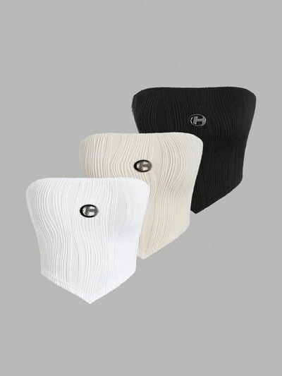 Women'S Metallic Patched Texture Strapless Top