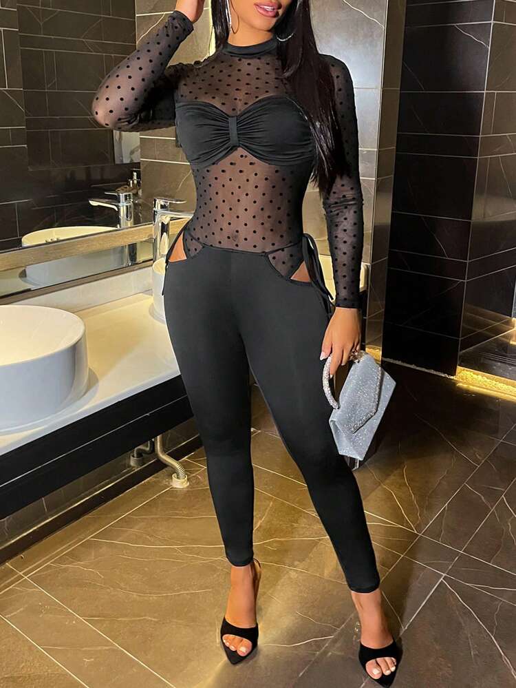 Ladies' Polka Dot Mesh Long Sleeve Jumpsuit And Leggings Set Fall Cloth For Women