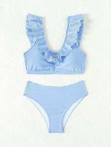 SHEIN Teen Girls' Striped Bikini Set With Ruffle Trim - Blue and White - View 5