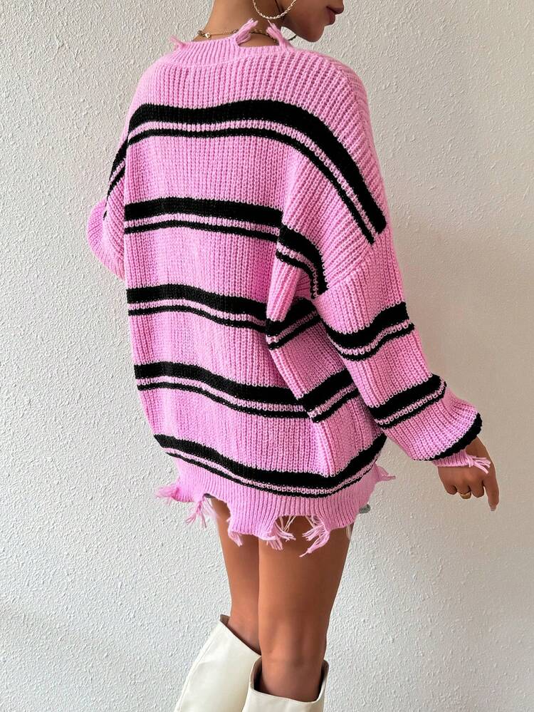 Women's Striped Distressed Drop Shoulder Knit Pullover Fall Winter Sweater
