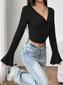 SHEIN EZwear 女士實色綁帶前短袖t恤,有蓬蓬袖 - 黑色 - 查看 5