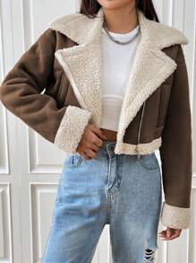 SHEIN EZwear Lót Teddy Dây kéo mặt trước Dệt Áo khoác - màu nâu - Xem 3