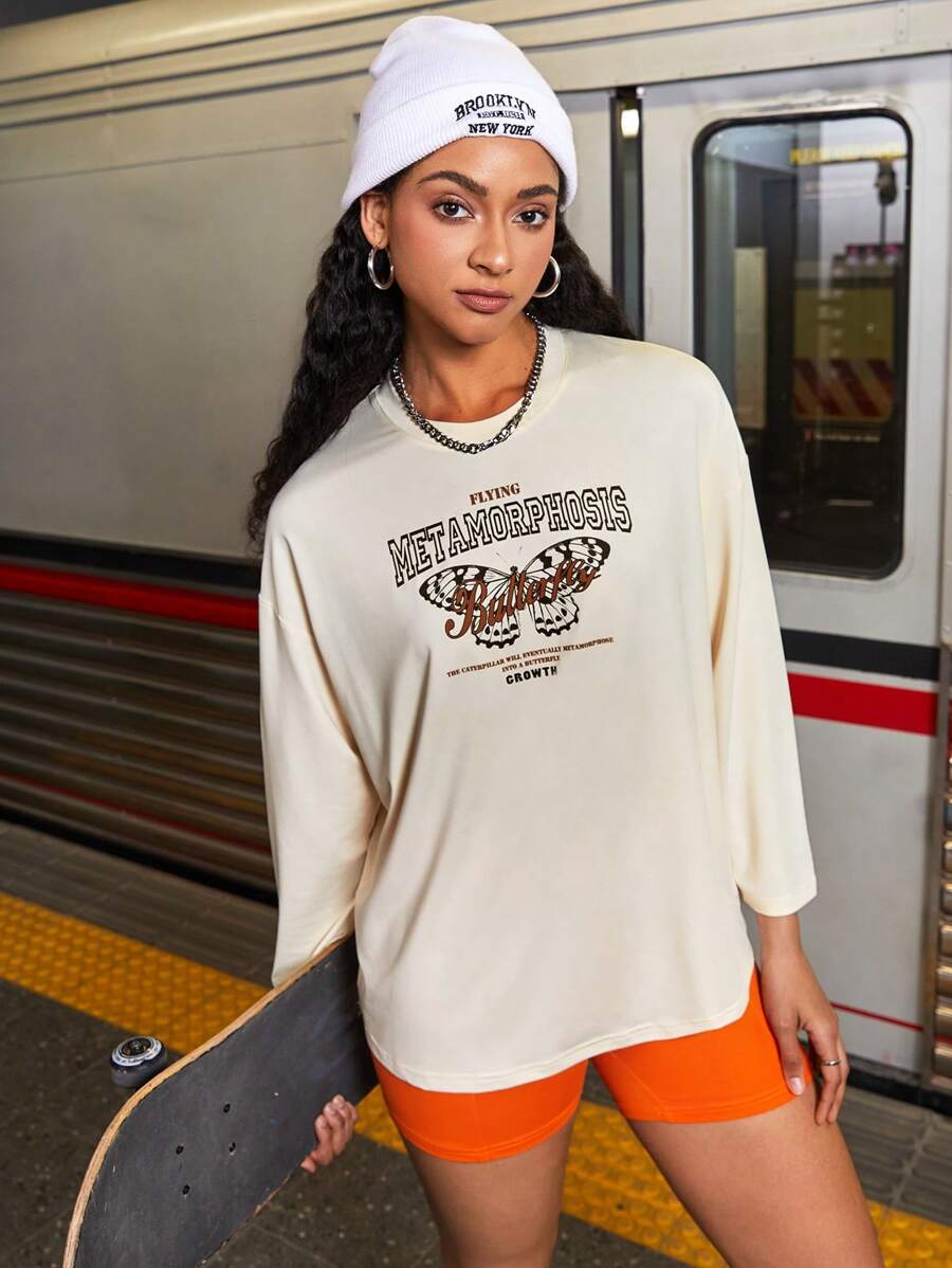 SHEIN Street Sport 口號和蝴蝶印花長袖運動t恤 - 杏色 - 查看 1