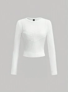 SHEIN MOD 女士花邊拼接長袖t卹 - 白色 - 查看 1